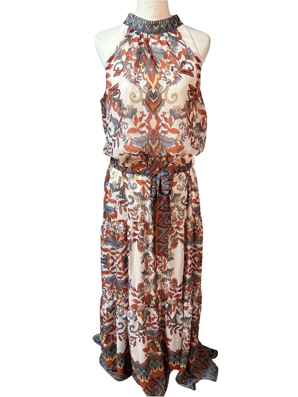 Julia Jordan Sleeveless Tiered Mock Neck Waist Tie Dress Ivory Multi Sz 12 NWT